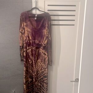 Purple and tan tie dye long sleeve maxi dress size L Go Couture